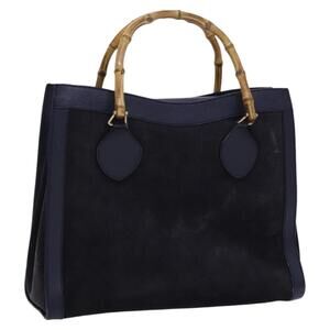 GUCCI Bamboo Hand Bag Suede Leather Navy Gold